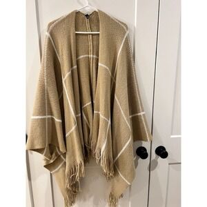 Womens Tan Plaid Fringe Open Front Knit Poncho Wrap One Size